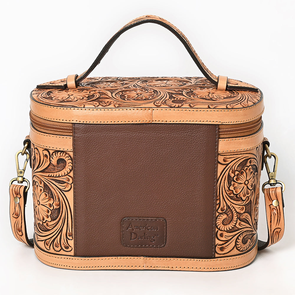 ADBGA779 Natural Tooled Leather Box Handbag - Full Floral Carving with Top Handle & Shoulder Strap