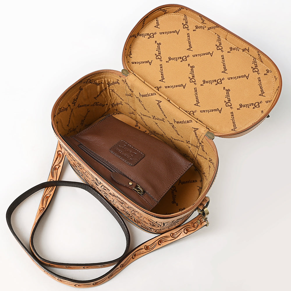 ADBGA779 Natural Tooled Leather Box Handbag - Full Floral Carving with Top Handle & Shoulder Strap