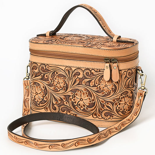 ADBGA779 Natural Tooled Leather Box Handbag - Full Floral Carving with Top Handle & Shoulder Strap