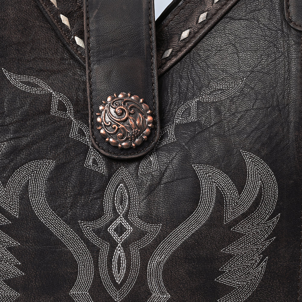 ADBGZ929 Western Brown Leather Handbag with Boot Stitch Design and Braided Strap