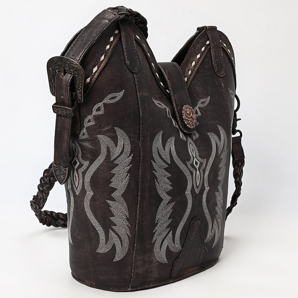 ADBGZ929 Western Brown Leather Handbag with Boot Stitch Design and Braided Strap