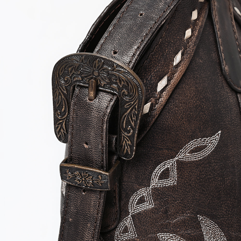 ADBGZ929 Western Brown Leather Handbag with Boot Stitch Design and Braided Strap