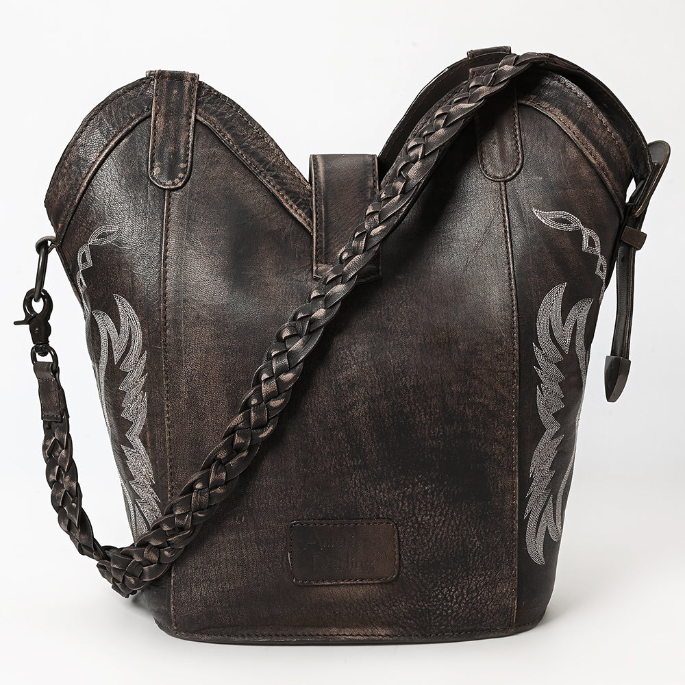 ADBGZ929 Western Brown Leather Handbag with Boot Stitch Design and Braided Strap
