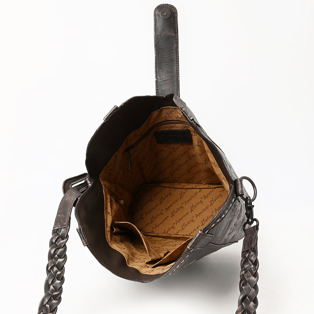 ADBGZ929 Western Brown Leather Handbag with Boot Stitch Design and Braided Strap