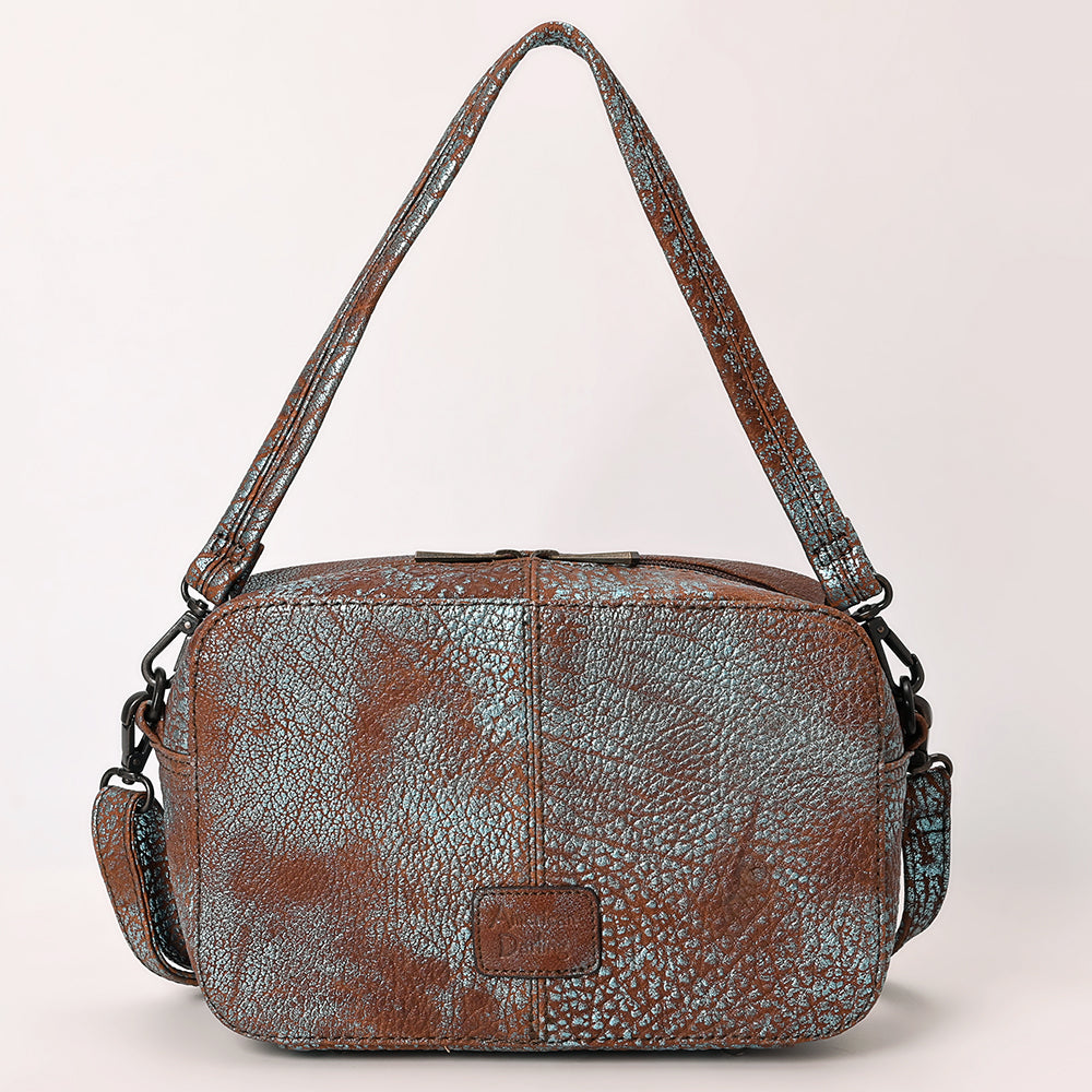 ADBGZ930 Metallic Turquoise & Rust Genuine Leather Camera Bag with Whipstitch Trim