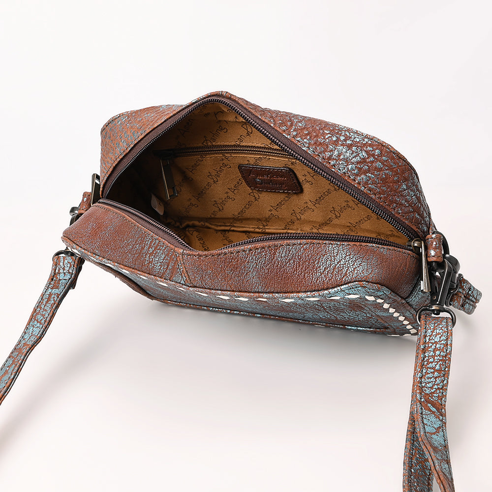 ADBGZ930 Metallic Turquoise & Rust Genuine Leather Camera Bag with Whipstitch Trim