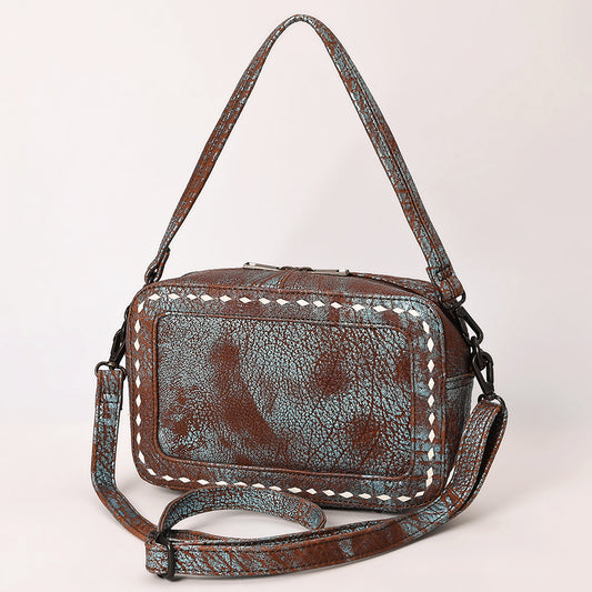 ADBGZ930 Metallic Turquoise & Rust Genuine Leather Camera Bag with Whipstitch Trim
