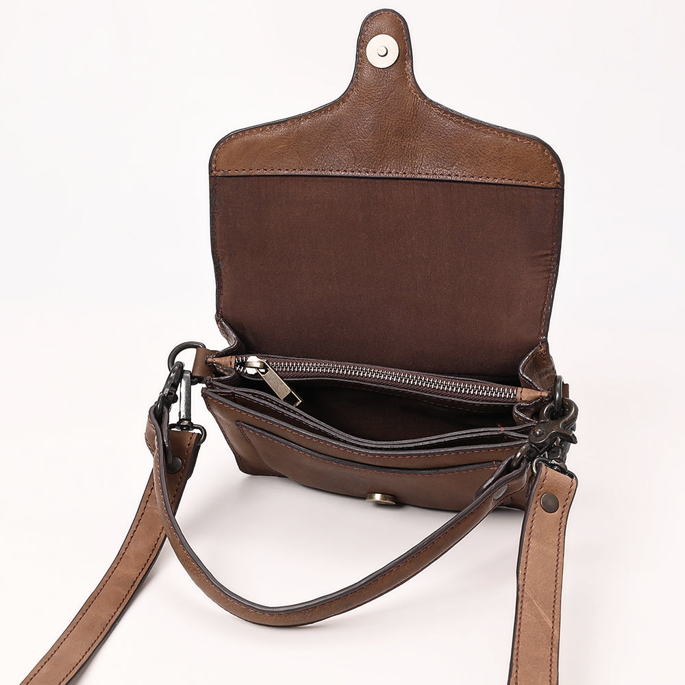 ADBGZX111 Brown Genuine Leather Evening Bag with Chain Strap and Flap Closure