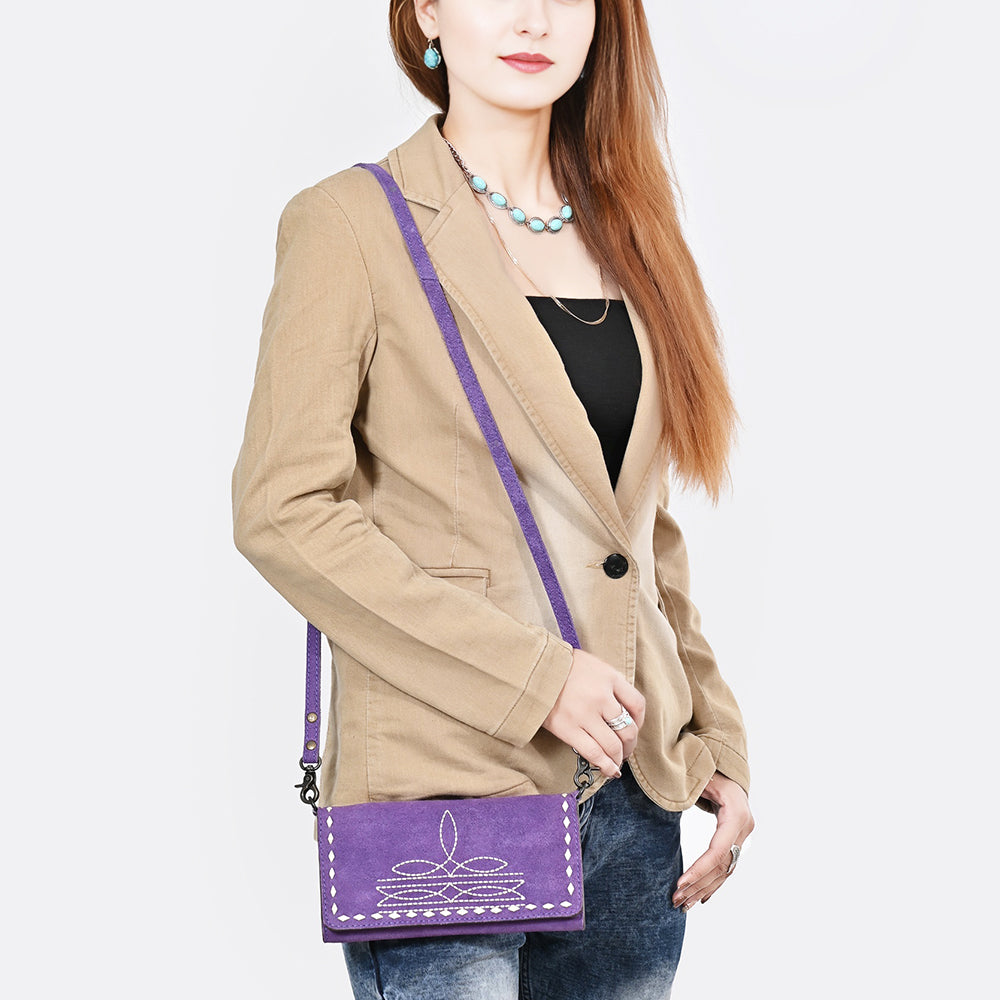 ADBG1712 Genuine Leather Wallet Bag with White Western Stitching & Adjustable Strap