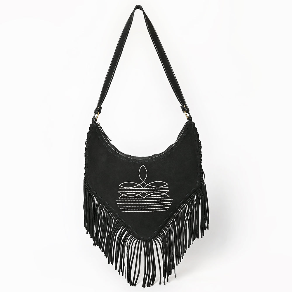 ADBGA733 V-Cut Genuine suede Fringe Crossbody Bag - Western Embroidered Hobo Purse