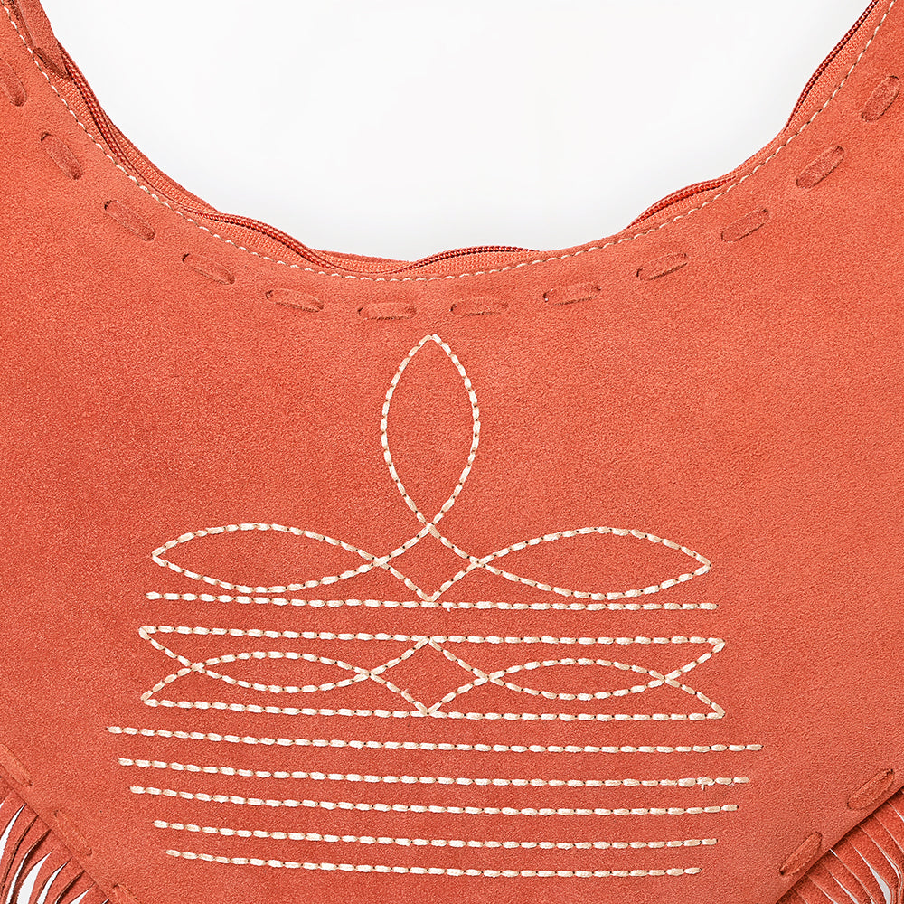 ADBGA733 V-Cut Genuine suede Fringe Crossbody Bag - Western Embroidered Hobo Purse