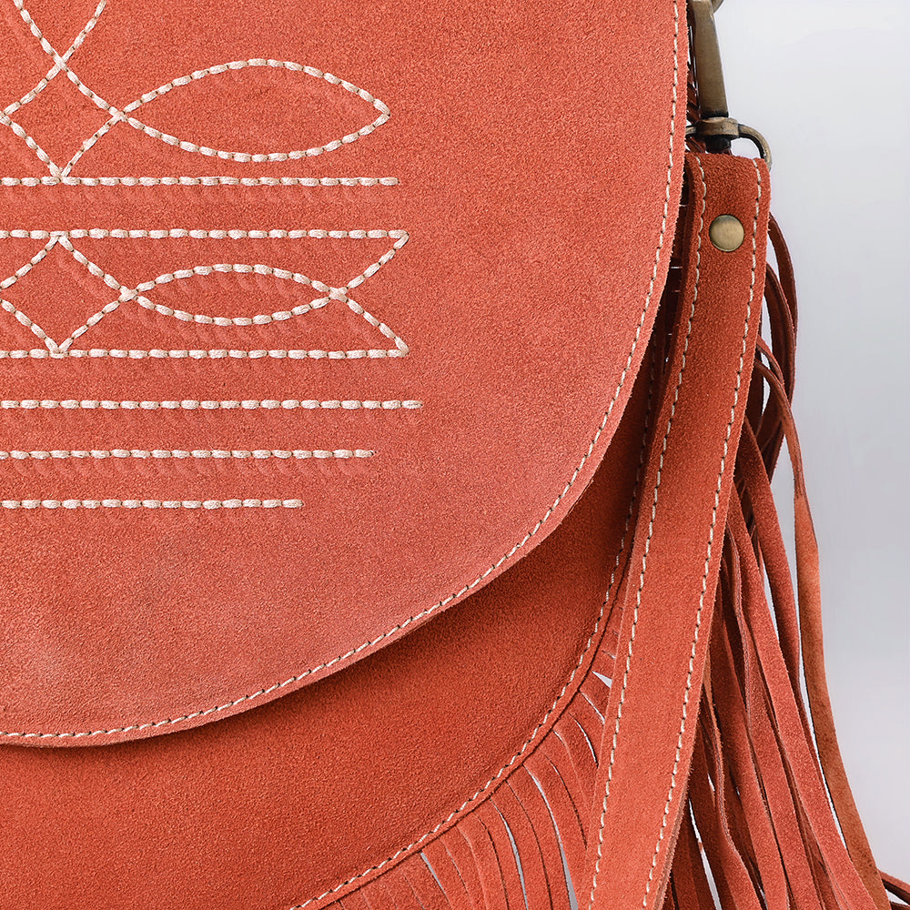 ADBGA713 Genuine suede Western Fringe Messenger Bag - White Stitch Design with Flap Closure