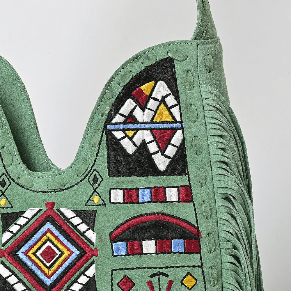 ADBGA782 Green Fringe Genuine suede Shoulder Bag - Boho Tribal Embroidered Western Purse