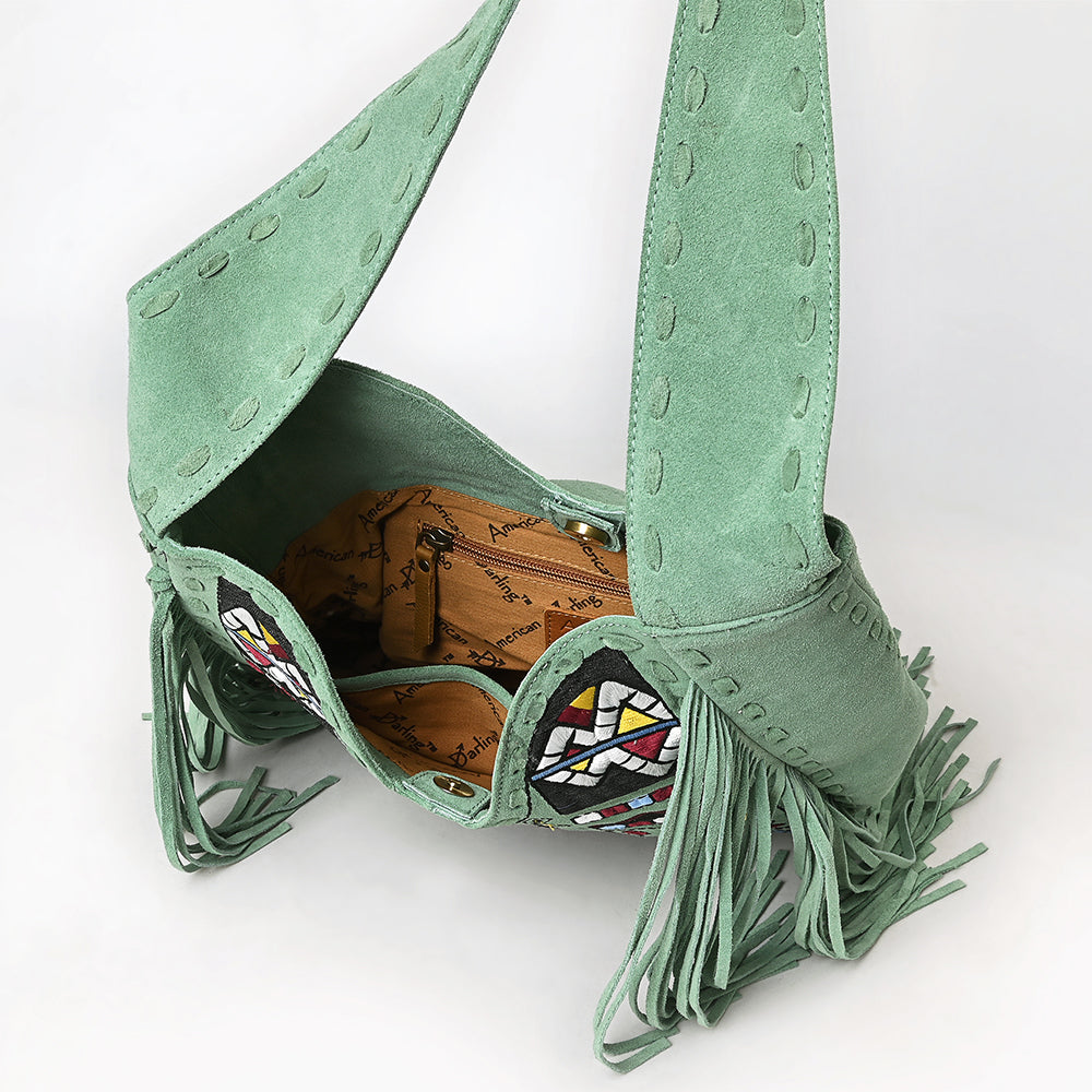 ADBGA782 Green Fringe Genuine suede Shoulder Bag - Boho Tribal Embroidered Western Purse