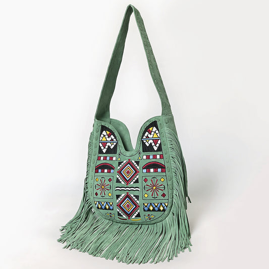 ADBGA782 Green Fringe Genuine suede Shoulder Bag - Boho Tribal Embroidered Western Purse