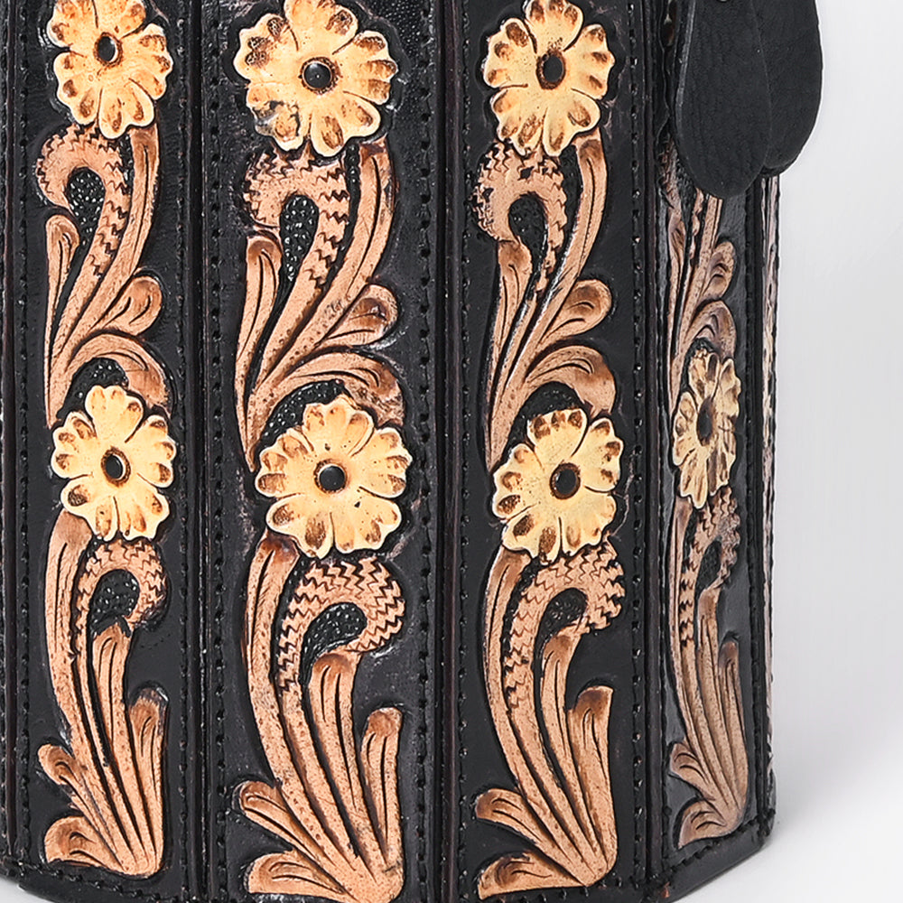 ADBGA783 Black Cylindrical Tooled Leather Case - Floral Carved Western Vanity with Handle
