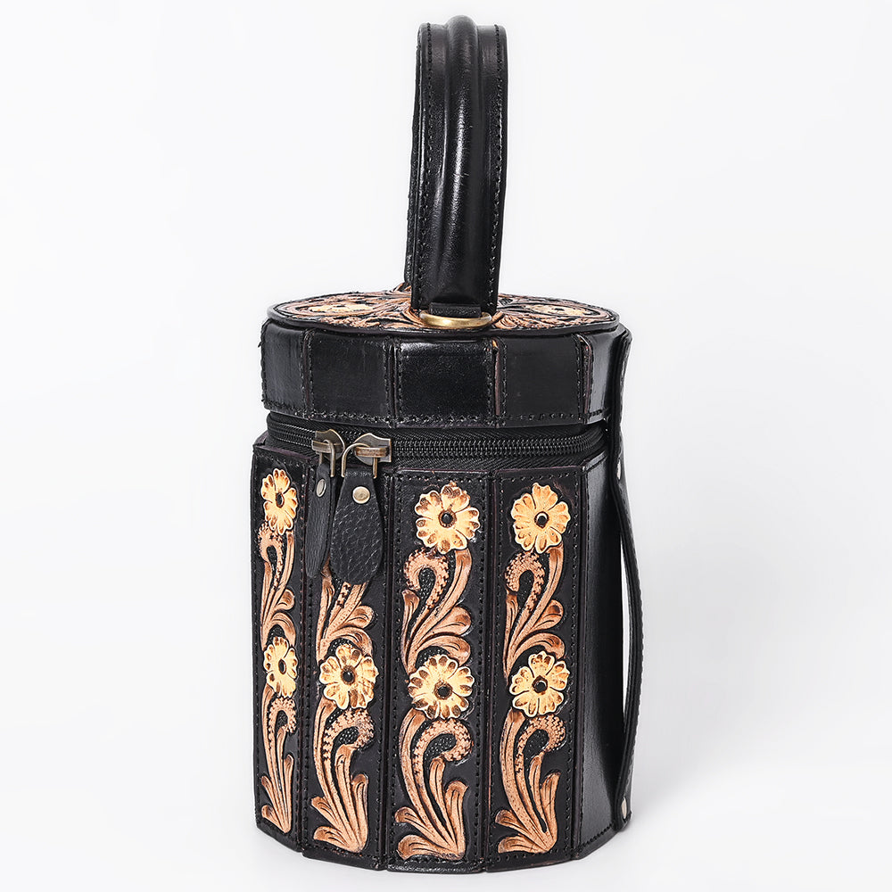 ADBGA783 Black Cylindrical Tooled Leather Case - Floral Carved Western Vanity with Handle