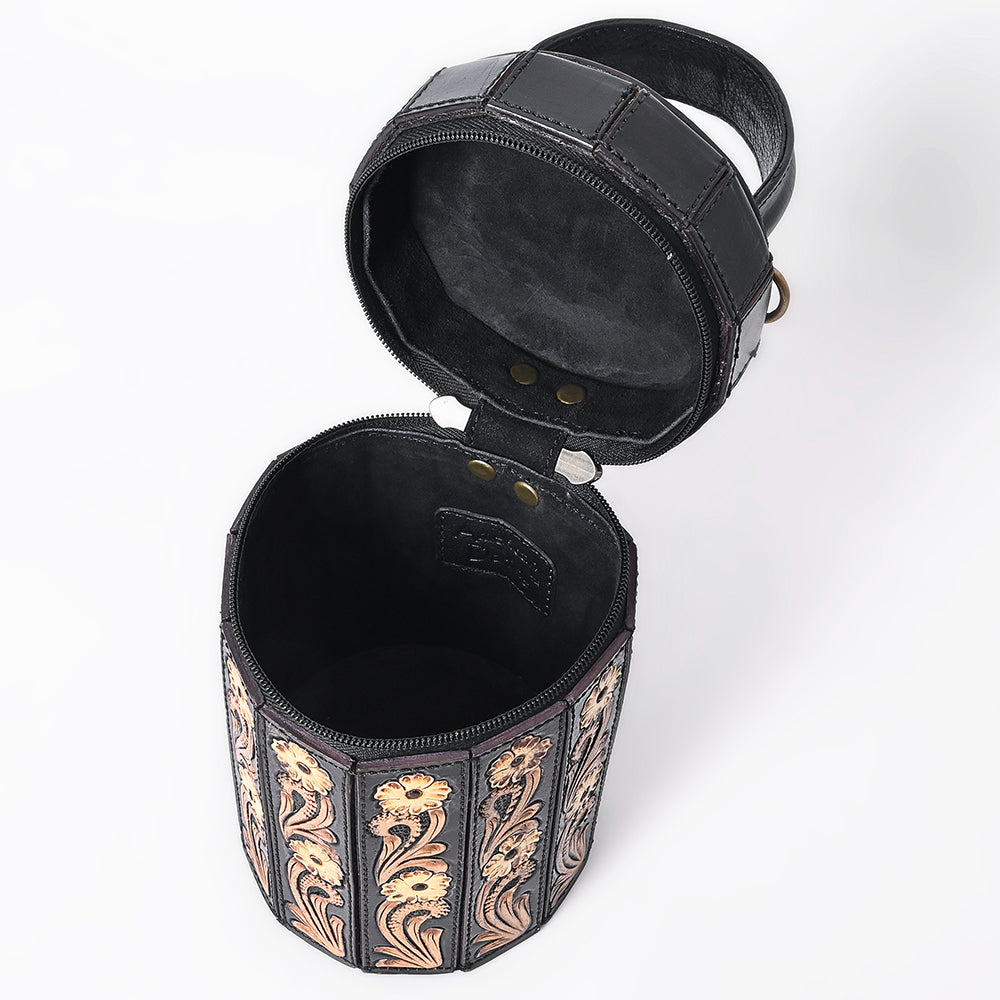 ADBGA783 Black Cylindrical Tooled Leather Case - Floral Carved Western Vanity with Handle