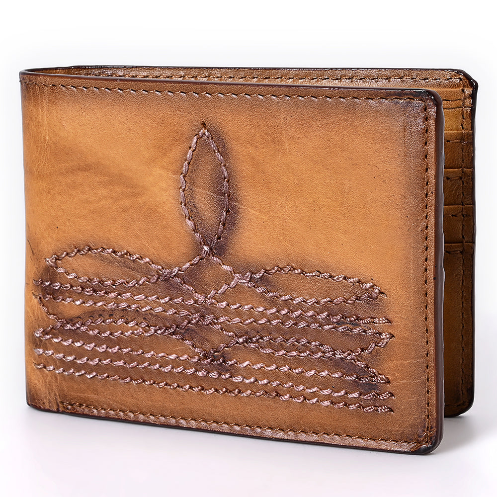 ADBGM529D Hand-Stitched Tan Leather Bifold Wallet - Western Mens Embroidered Cowboy Wallet