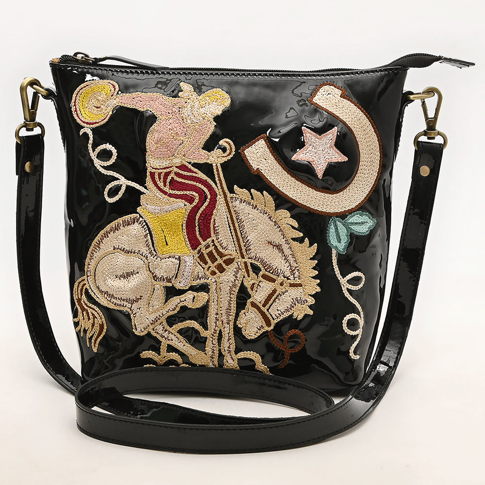 ADBGA785 Black Patent Leather Western Crossbody - Embroidered Rodeo Rider & Horseshoe Design