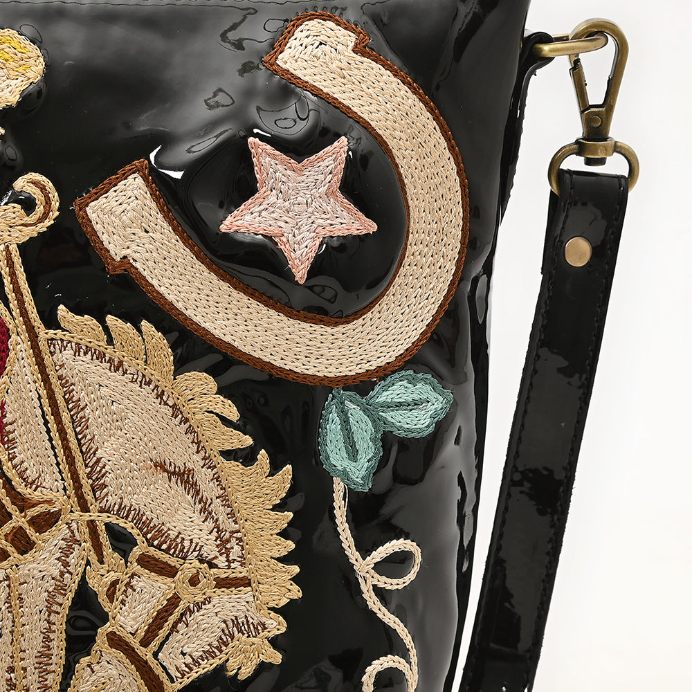 ADBGA785 Black Patent Leather Western Crossbody - Embroidered Rodeo Rider & Horseshoe Design