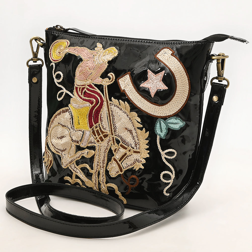 ADBGA785 Black Patent Leather Western Crossbody - Embroidered Rodeo Rider & Horseshoe Design