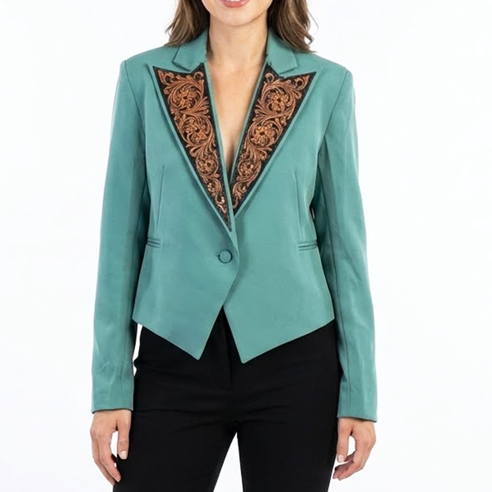 ADBZ061 Genuine Leather Hand tooled Women Fabric Blazer dress jacket