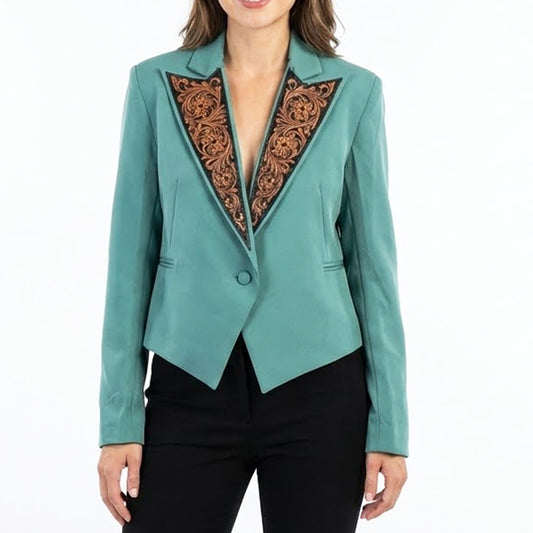 ADBZ061 Genuine Leather Hand tooled Women Fabric Blazer dress jacket