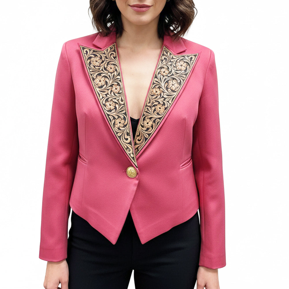ADBZ067 Genuine leather Hand tooled Women Fabric Blazer dress jacket