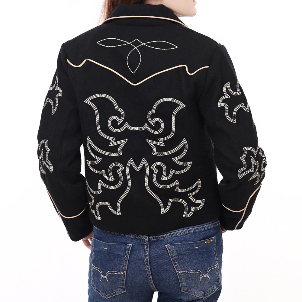 ADJKT064 Women Western Style Woolen Jacket with Embroidered Detailing