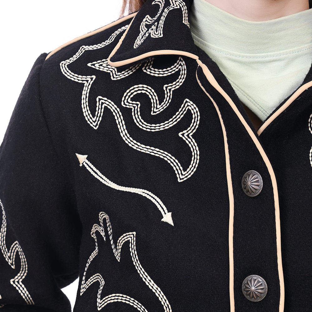 ADJKT064 Women Western Style Woolen Jacket with Embroidered Detailing