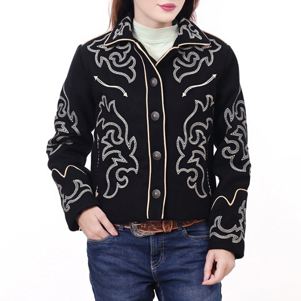 ADJKT064 Women Western Style Woolen Jacket with Embroidered Detailing