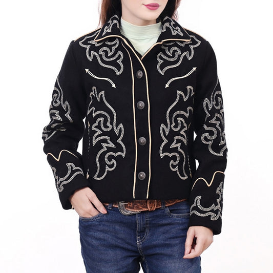 ADJKT064 Women Western Style Woolen Jacket with Embroidered Detailing