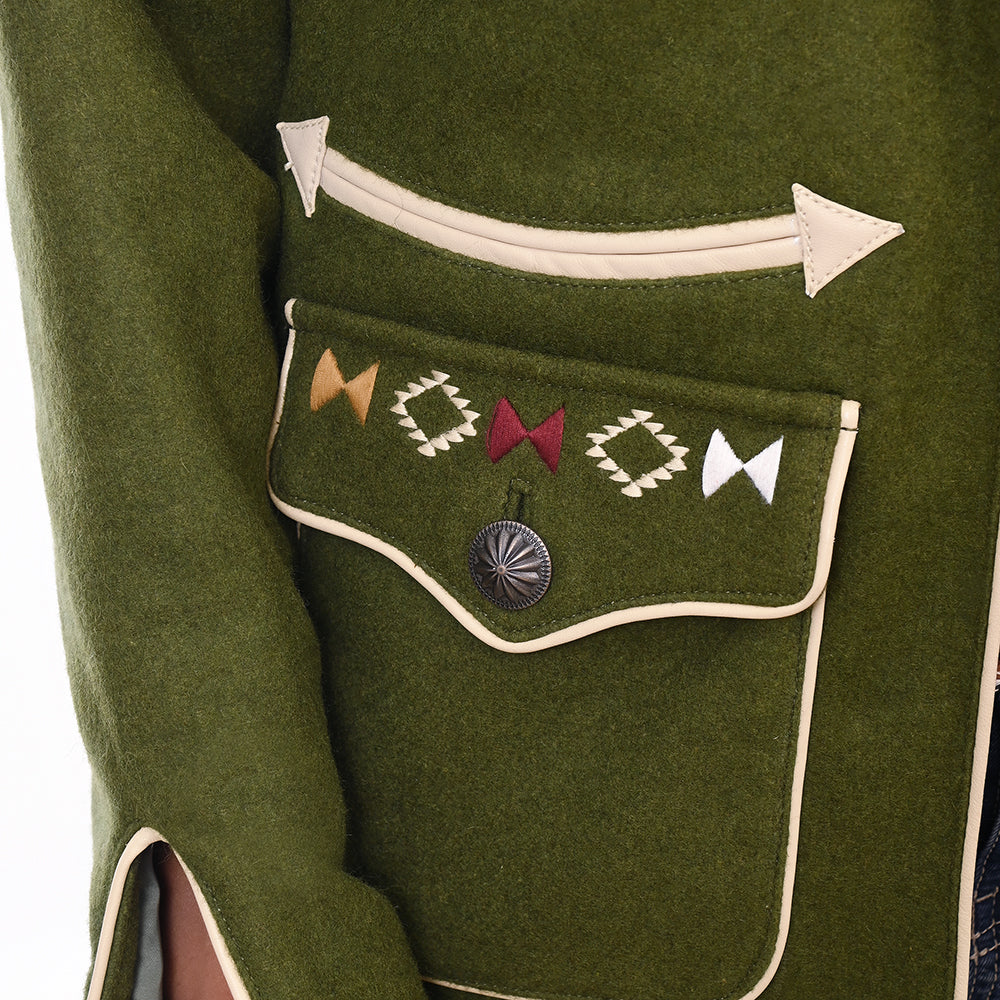 ADJKT069 Women's Olive Green Western Wool Blazer with Embroidered Arrow Pockets