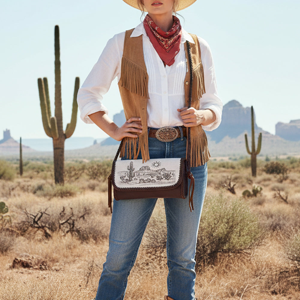 ADBGM632 Western Crossbody Bag - Hair-On Leather with Desert Scene Print & Braided Crossbody Strap