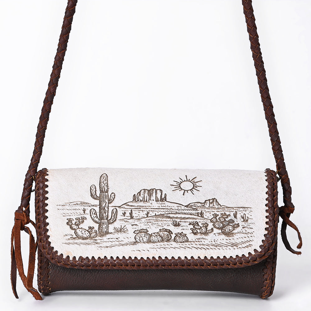 ADBGM632 Western Crossbody Bag - Hair-On Leather with Desert Scene Print & Braided Crossbody Strap