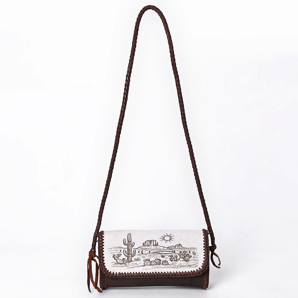 ADBGM632 Western Crossbody Bag - Hair-On Leather with Desert Scene Print & Braided Crossbody Strap
