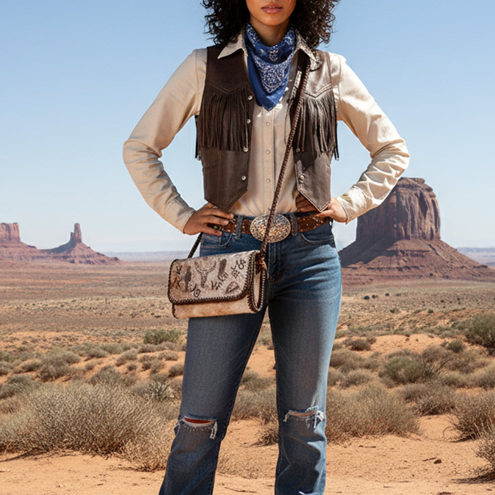 ADBGM633 Western Clutch Crossbody - Hair-On Leather Bag with Cowboy Motif & Braided Strap