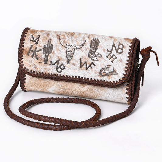 ADBGM633 Western Clutch Crossbody - Hair-On Leather Bag with Cowboy Motif & Braided Strap