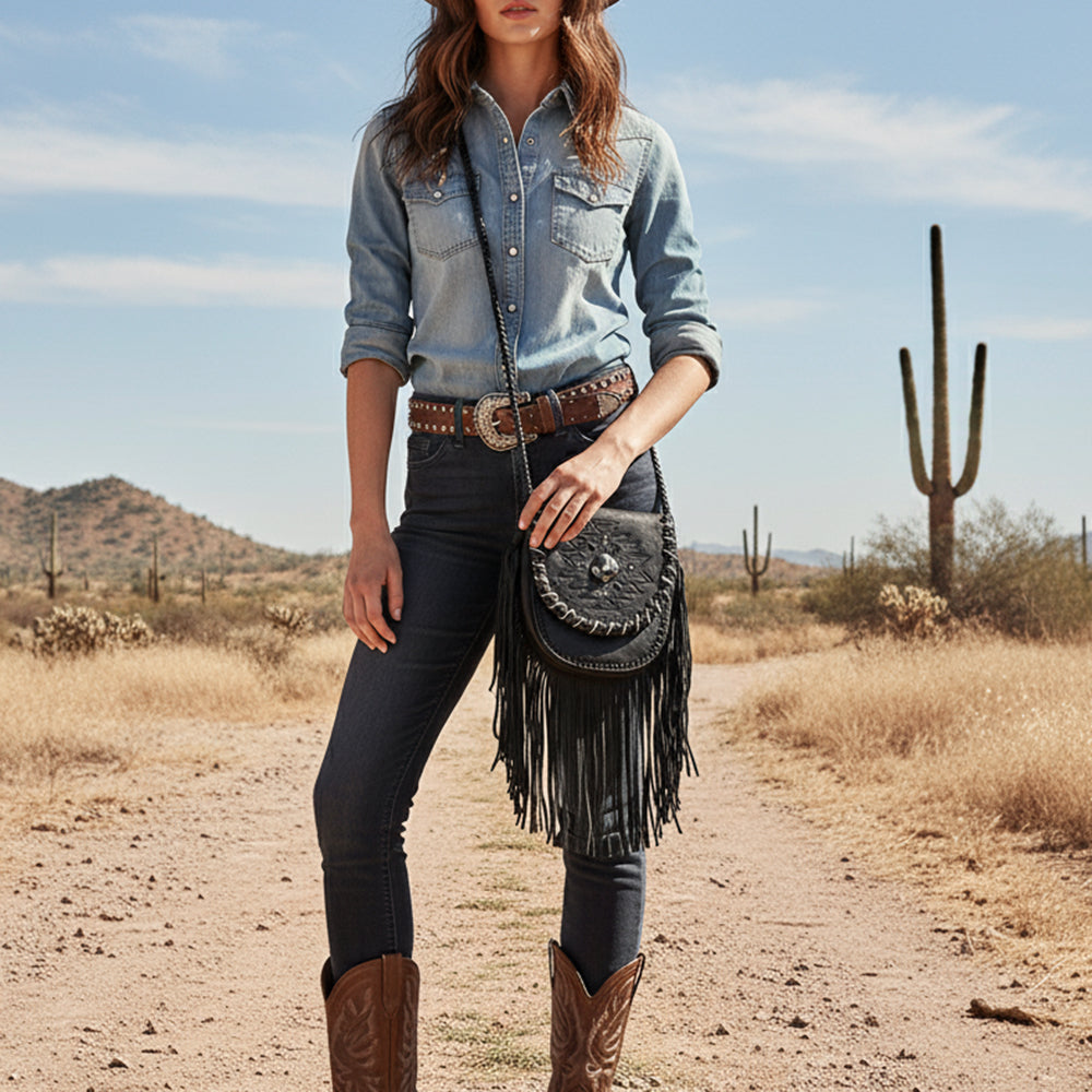 ADBGM635 Western Fringe Crossbody - Black Leather Bag with Tribal Stitch, Concho, and Whipstitch Detail