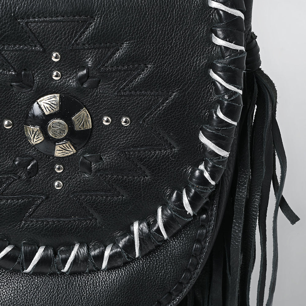 ADBGM635 Western Fringe Crossbody - Black Leather Bag with Tribal Stitch, Concho, and Whipstitch Detail