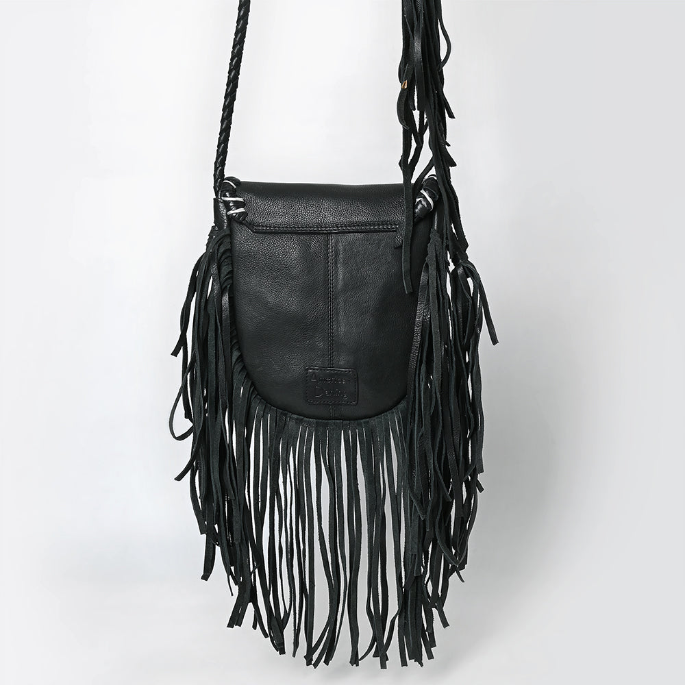 ADBGM635 Western Fringe Crossbody - Black Leather Bag with Tribal Stitch, Concho, and Whipstitch Detail