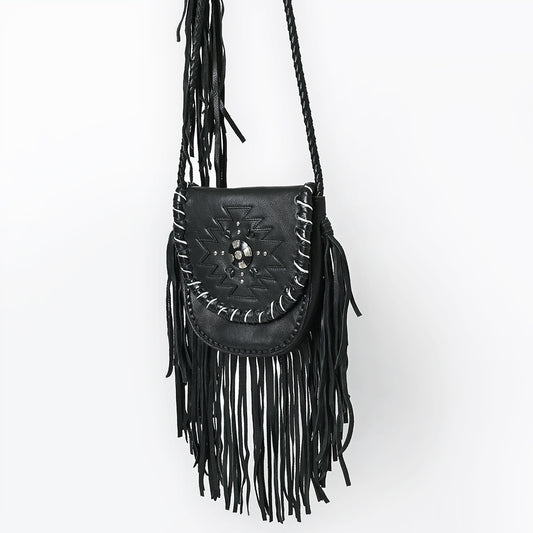 ADBGM635 Western Fringe Crossbody - Black Leather Bag with Tribal Stitch, Concho, and Whipstitch Detail