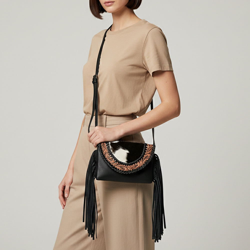 ADBG1726 Black Leather Fringe Crossbody with Cowhide Flap & Tooled Leather Inlay