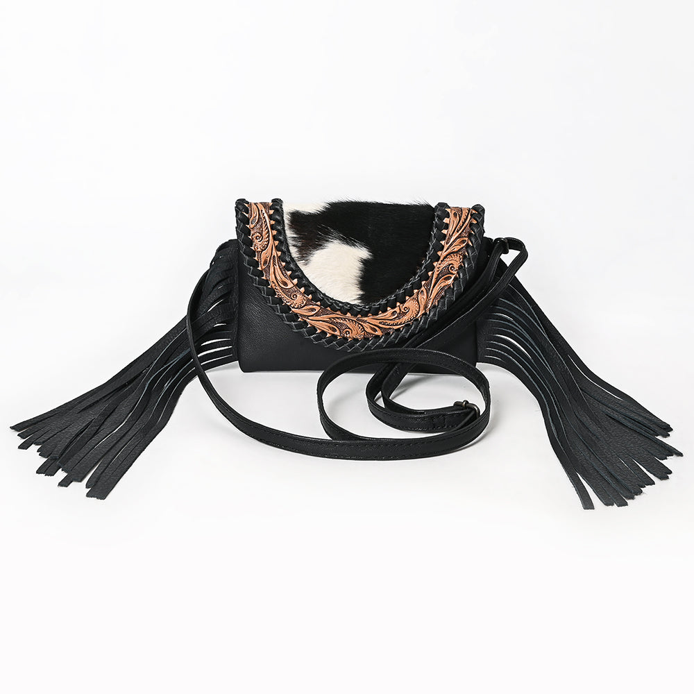ADBG1726 Black Leather Fringe Crossbody with Cowhide Flap & Tooled Leather Inlay