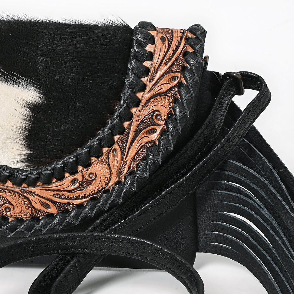 ADBG1726 Black Leather Fringe Crossbody with Cowhide Flap & Tooled Leather Inlay