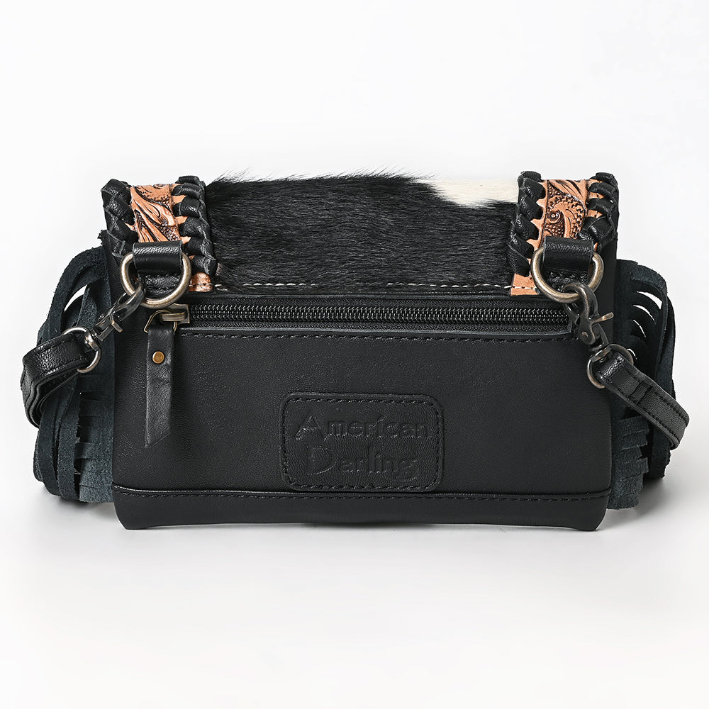 ADBG1726 Black Leather Fringe Crossbody with Cowhide Flap & Tooled Leather Inlay