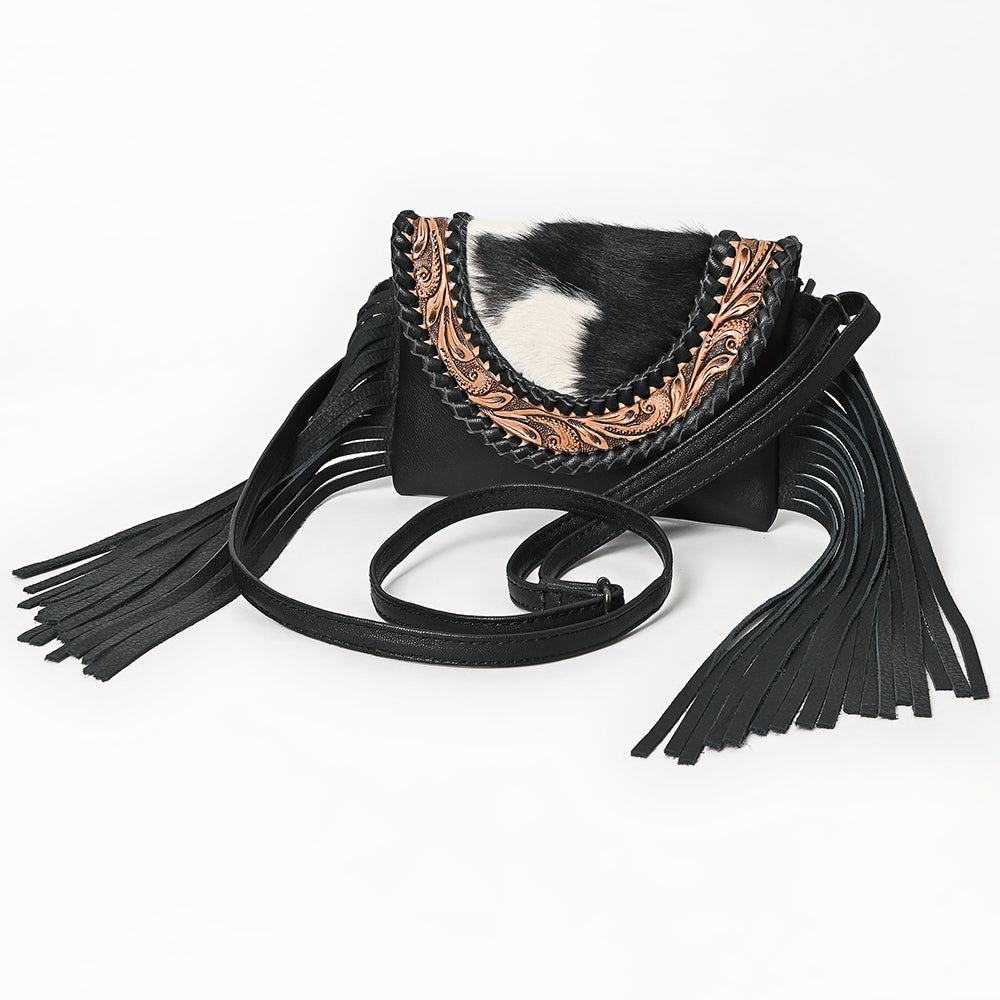ADBG1726 Black Leather Fringe Crossbody with Cowhide Flap & Tooled Leather Inlay