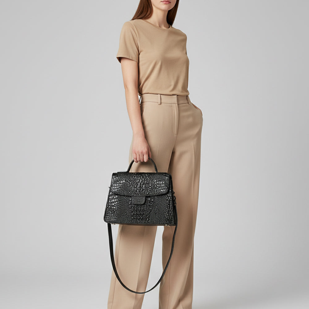 ADBG1728 Black Crocodile-Embossed Leather Western Messenger Bag American Darling