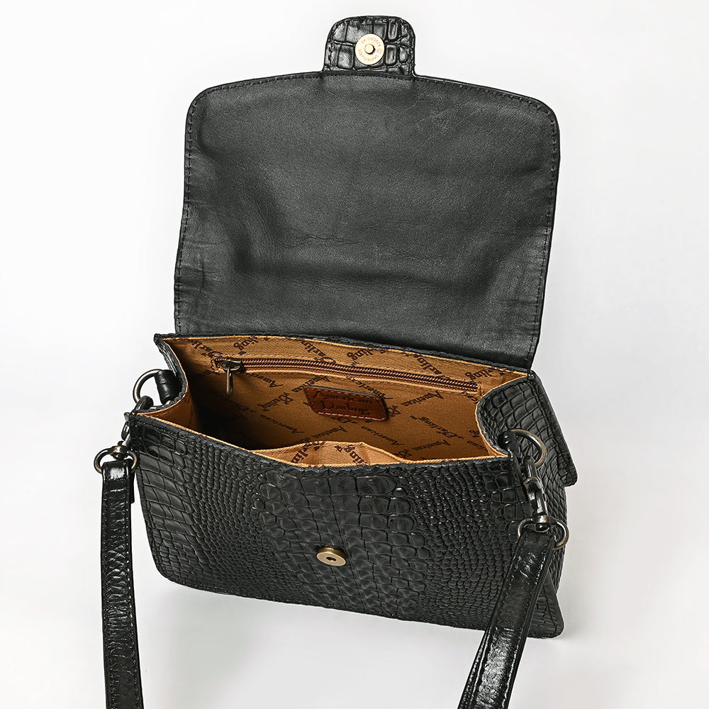 ADBG1728 Black Crocodile-Embossed Leather Western Messenger Bag American Darling